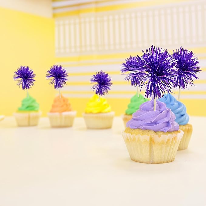 Gyufise 30Pcs Foil Firework Cupcake Toppers Sparkle Tinsel Cake Toppers Tinsel Drink Cake Decoration Cocktail Picks for Birthday Wedding Graduation Party Supplies Dark Purple