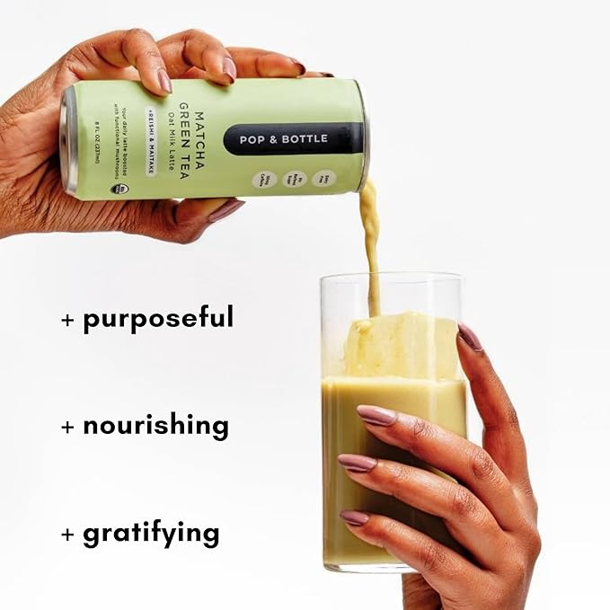 Pop & Bottle, Oat Milk Lattes - Matcha with Reishi and Maitake Mushrooms, Green Tea Latte, MCT Oil, Organic, Dairy Free, Gluten Free, Lightly Sweetened with Dates - Matcha, 8 Fl Oz (12 Pack)