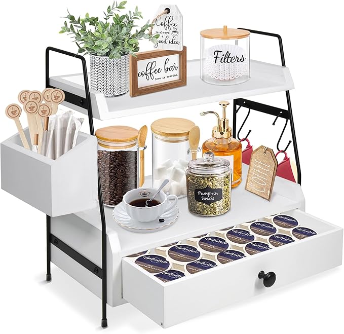 Coffee Bar Accessories and Organizer Countertop, Coffee Station Organizer Kitchen Counter Shelf Organizer, Coffee Condiment Storage, Cup Lid Holder Countertop Shelf for Bathroom