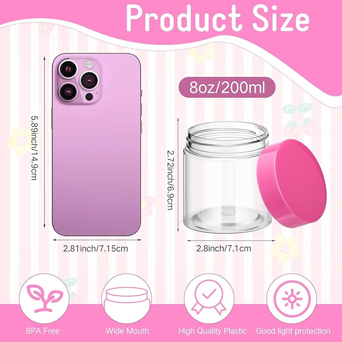 Patelai 4 Pieces Round Wide-mouth Leak Proof Plastic Container Jars with Lids for Travel Storage Makeup Beauty Products Face Creams Oils Salves Ointments DIY Making(8 Ounce,Pink)