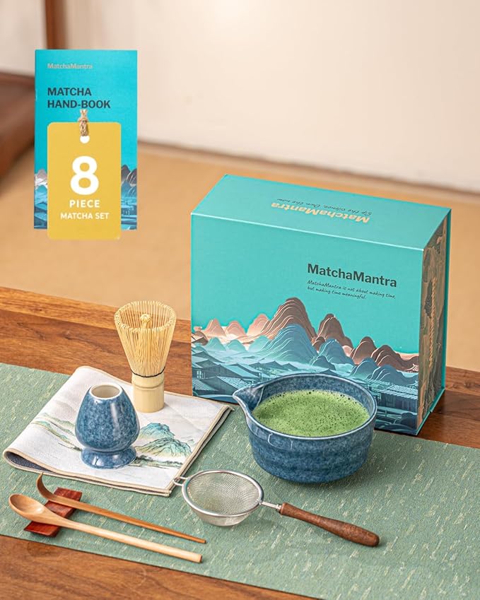 Artisan Matcha Whisk Set - 8 Pcs Premium Matcha Set with Bowl (Chawan), Bamboo Whisk & Tools | Matcha Kit for Making Breakfast/Latte | Gift for Matcha Lovers (Gem Blue)