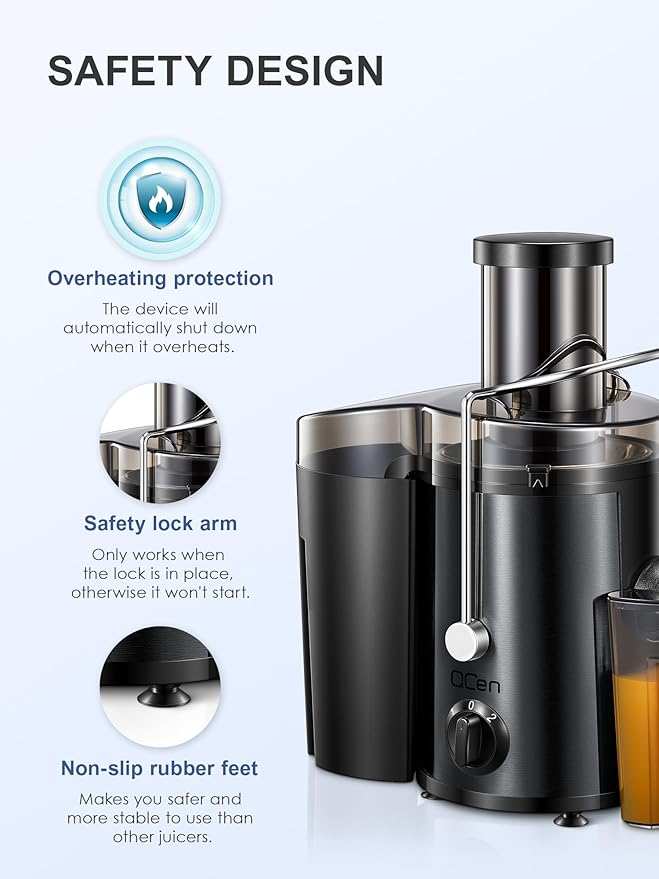 QCen Juicer Machine, 500W Centrifugal Juicer Extractor with Wide Mouth 3” Feed Chute for Fruit Vegetable, Easy to Clean, Stainless Steel, BPA-free (Metallic Black)