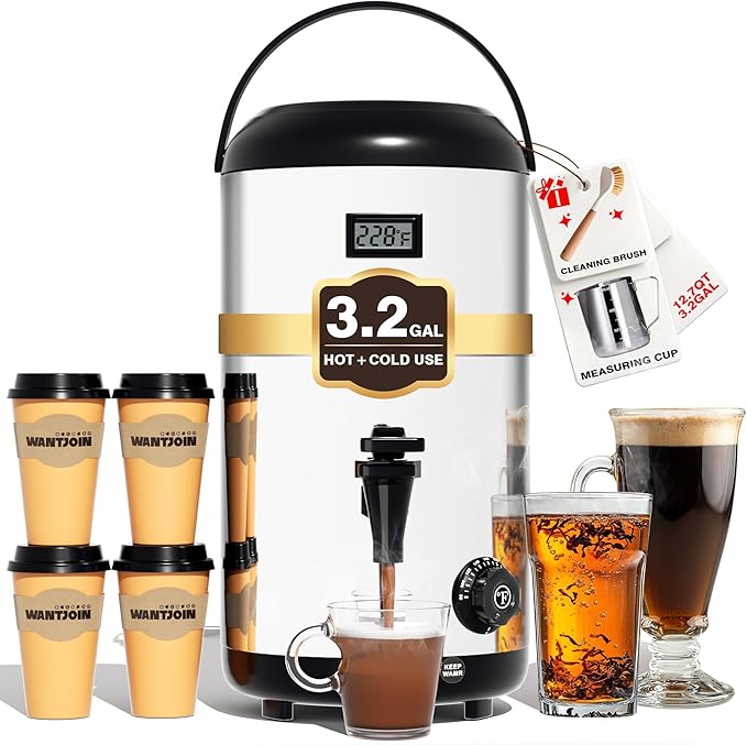 WantJoin Electric Heating Beverage Dispenser-75 Cup Hot&Cold water Urn-Stainless Steel Premium 12 L/3.2 Gallon Hot Drink Dispenser with Spigot for Coffee & Hot tea,Cold Milk,Water,Juice(Silver)