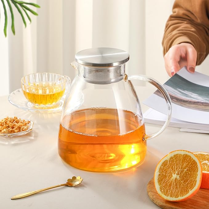 68OZ/2000ML One Touch Glass Teapot with Stainless Steel Filter Lid, Stovetop & Microwave Safe Tea Maker Water Kettle, Strainer & Cover 2 in 1 Loose Leaf Tea Steeper Pot Coffee Carafe