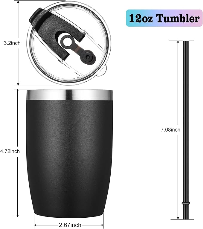 VEGOND Stainless Steel 12 oz Tumblers bulk Vacuum Insulated Double Wall Travel Tumbler with Lid and Straw Reusable Tumbler, Black 6 pack