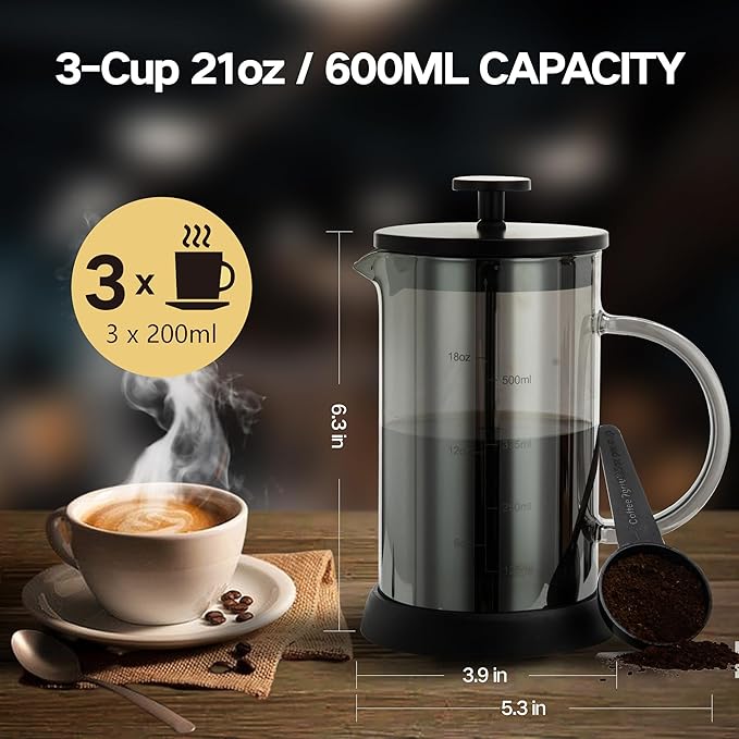 21 Ounce French Press Coffee Maker, 4-Cup Espresso Coffee Maker, Grey Cold Brew Heat Resistant Thickened Borosilicate Coffee Pot with 4 Stainless Steel Filter Screens