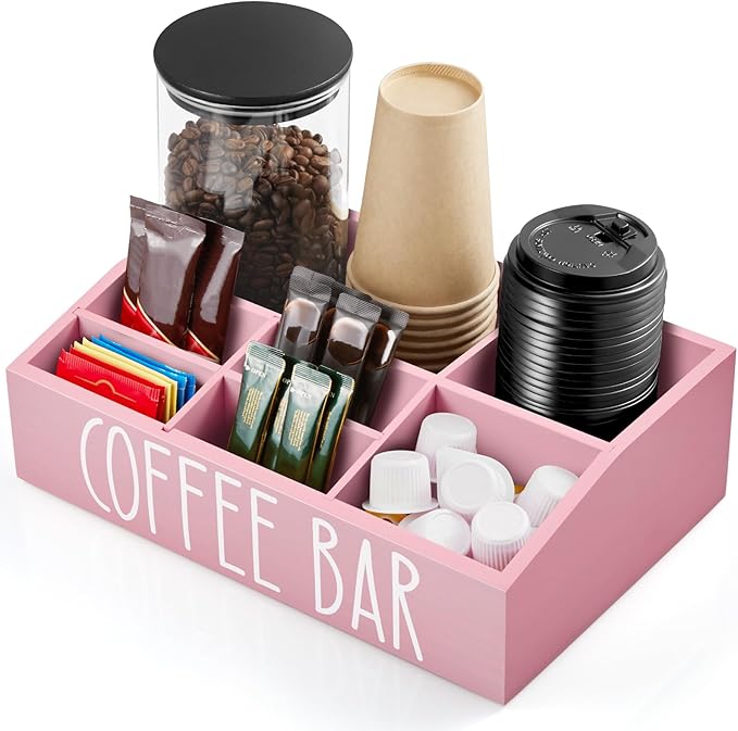 ALELION Pink Coffee Station Organizer for Countertop - 7 Compartments Coffee Bar Accessories and Organizer with Removable Dividers - for Pink Kitchen Coffee Bar Decor