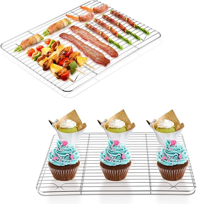 P&P CHEF Cooling Baking Rack Pack of 2, Stainless Steel Cooling Racks for Cooking Baking Roasting Grilling Drying, Dense Wires & Smooth Edge, Easy to clean, Silver, 11.6" x 9"