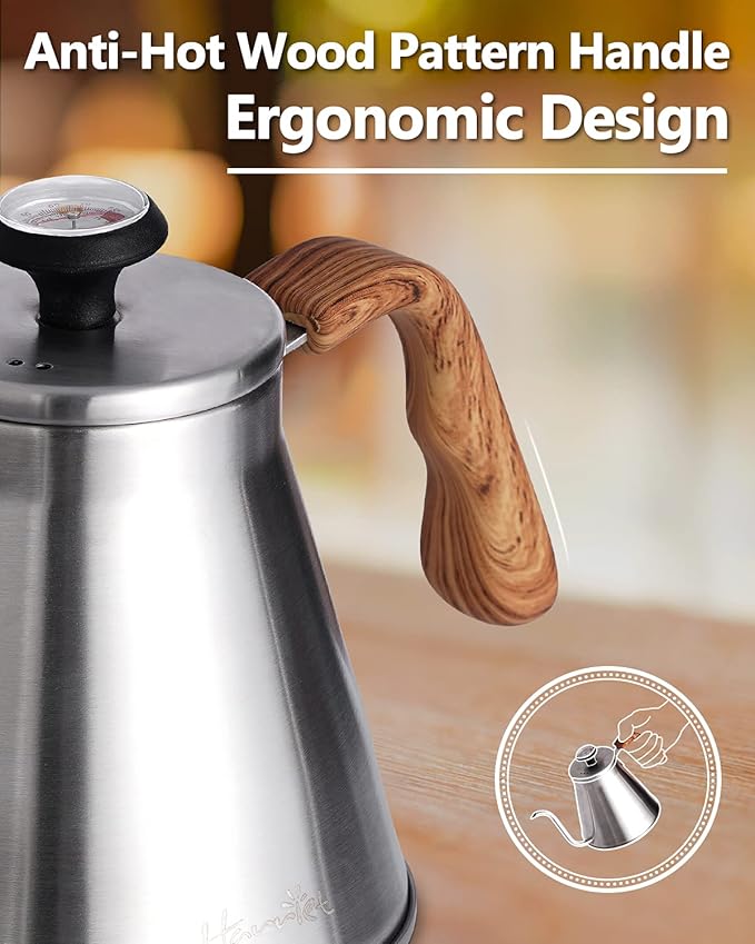 Harriet Gooseneck Kettle with Thermometer for Pour Over Coffee and Tea, 37 fl oz, Stainless Steel, Durable 3-Layer Base, Ideal Spout for Precision Pouring, Compatible with all Stove Tops