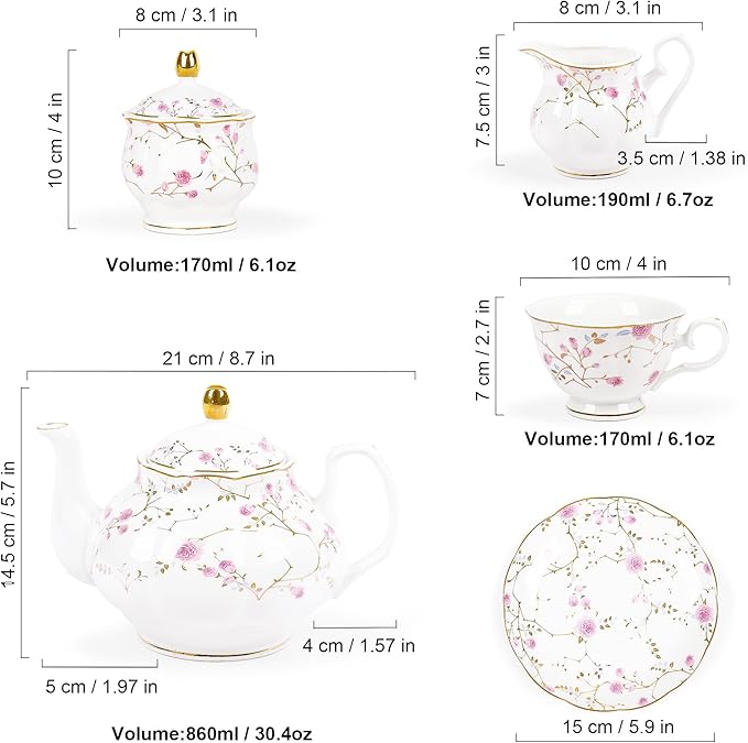 fanquare 21-Piece Gold Vine Floral Porcelain Tea Sets with Sugar Bowl Creamer Teacups, English Bone China Tea Service for Women TeaParty Family Gathering Home Décor