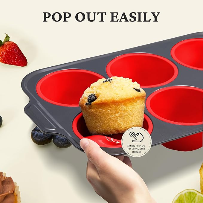 BRONYPRO Jumbo Silicone Muffin Pan with Metal Frame, 3.5" Large Muffin Tins, Non-Toxic Food Grade Silicone, Non-Stick for Egg Bites & Big Cupcakes, Oven Safe, Red