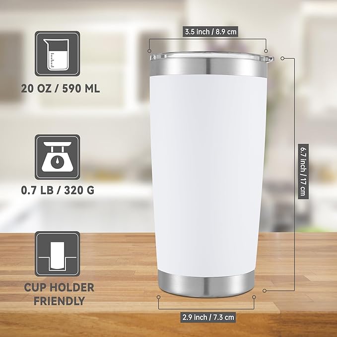 20 oz Tumblers Bulk Stainless Steel Tumbler with Lid Double Wall Vacuum Insulated Coffee Mug 20oz Powder Coated Cup for Hot and Cold Drinks, White, 6 pack