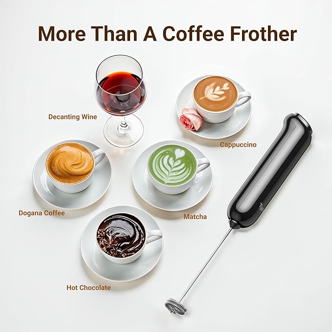 InstaWhisk Milk Frother with Variable Speed, Battery Operated Handheld Coffee Foam Frother Wand, Electric Drink Mixer with Stand & Detachable Double Whisk, Stainless Stirrer for Latte, Matcha, Protein