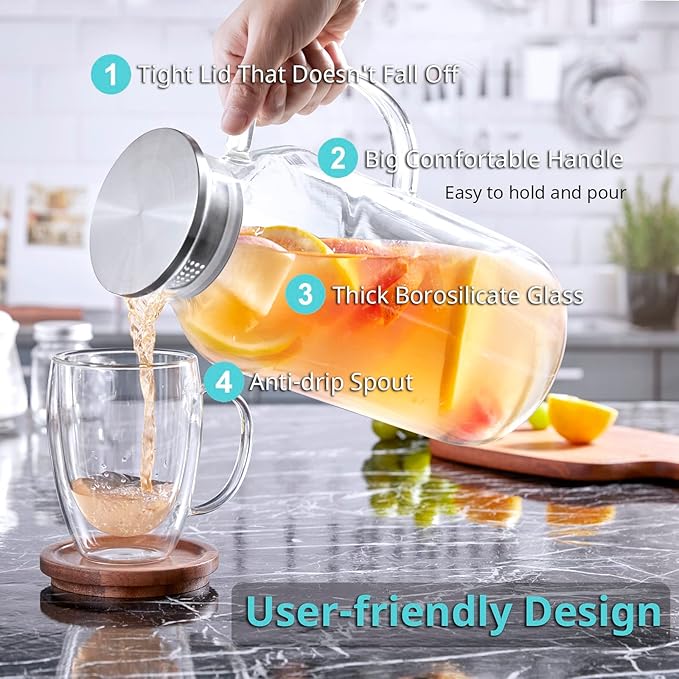 2.6 Liter 88 oz Glass Pitcher with Lid and Spout, Glass Water Carafe for Hot/Cold Water, Iced Tea Pitcher, Large Pitcher for Coffee, Juice and Homemade Beverage