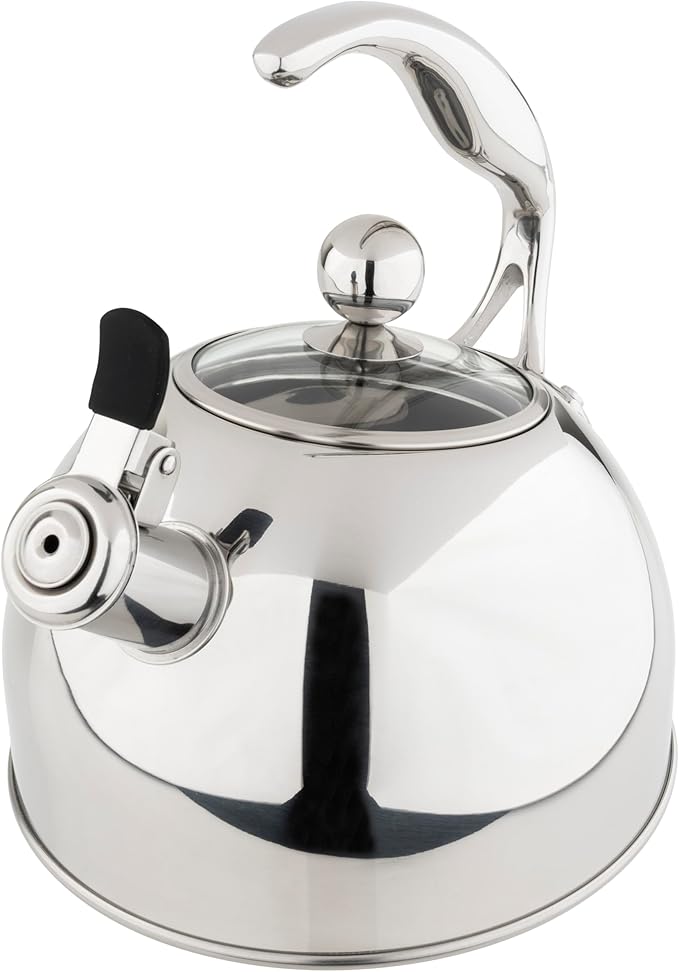 Viking 3-Ply Stainless Steel Tea Kettle, 2.6 Quart Stovetop Hot Water Pot with Tempered Glass Lid, Ergonomic Handle, Induction Ready, Mirror Finish