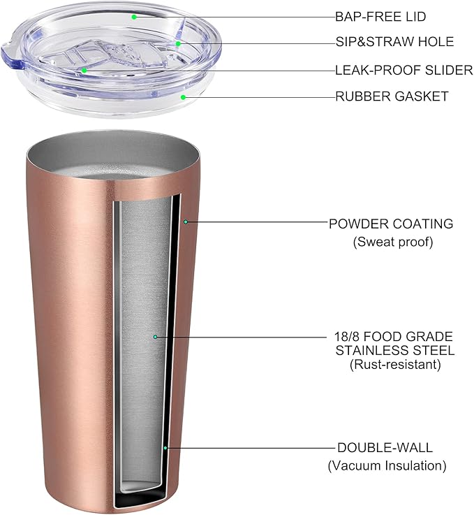 VEGOND 20oz Tumbler Bulk with Lid and Straw 1 Pack, Stainless Steel Vacuum Insulated Tumbler, Double Wall Coffee Cup Travel Mug, Rose Gold
