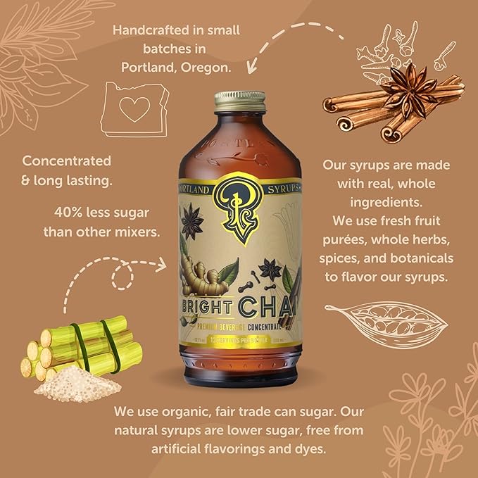 Portland Syrups Bright Chai Syrup - For Coffee, Cocktails, Mocktails & Sodas - Premium Concentrate - Orange Pekoe Tea, Ginger, Cinnamon & Cardamom - Rich Chai Flavor - 12 oz, 24 Servings (Pack of 2)
