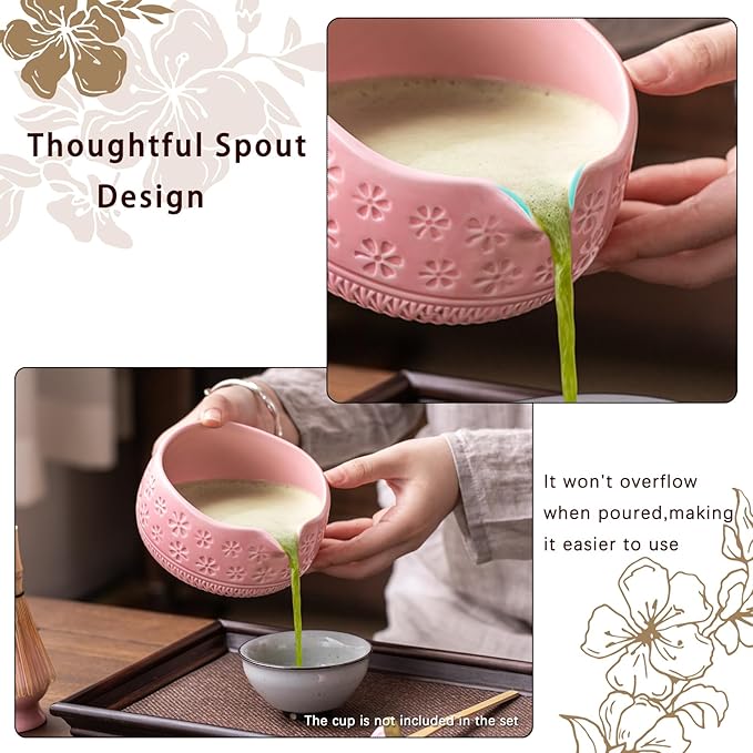 Matcha Whisk Set, Ceramic Matcha Set Includes Matcha Bowl, Matcha Whisk and Holder, Bamboo Scoop, Scoop Rest, Sifter and Tea Towel - 7 Pcs Matcha Kit for Matcha Lovers (Pink)