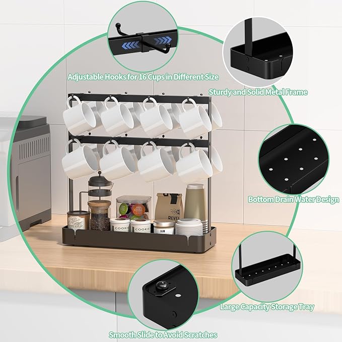 Coffee Mug Holder with 16 Movable Hooks, Metal Coffee Cup Holder for Countertop, 2 Tier Mug Rack with Storage Shelf for Kitchen Office Coffee Mug Rack
