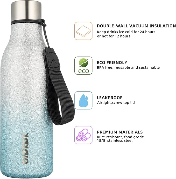 BJPKPK Insulated Water Bottles, 18 oz Stainless Steel Metal Water Bottle with Strap, BPA Free Leak Proof Thermos,Mugs,Flasks, Reusable Water Bottle for Sports & Travel, Sparkling Silver Blue