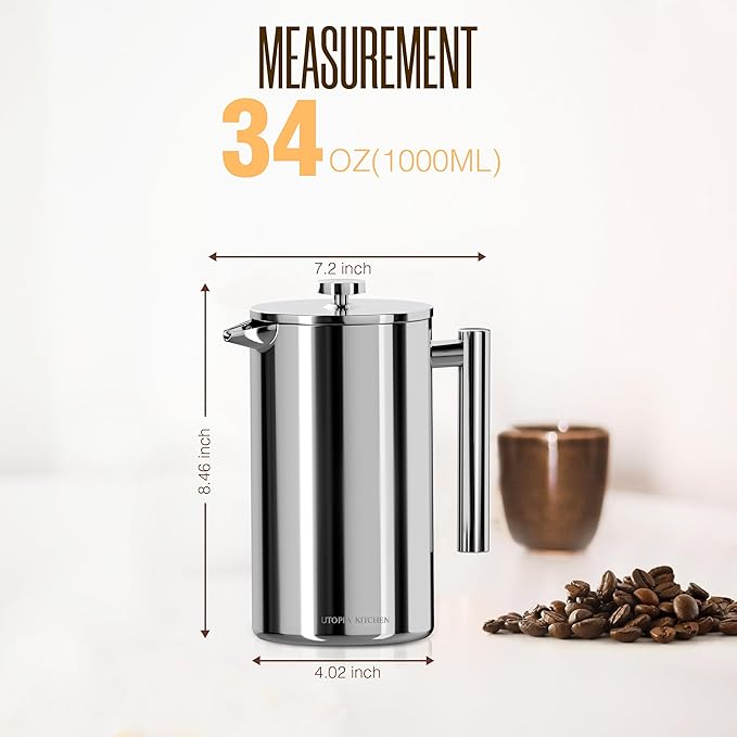 Utopia Kitchen Stainless Steel French Press Coffee Maker 34 Oz (1 Litre) with 2 Extra Filters, French Press Coffee & Tea Maker for Kitchen & Camping, Cold Brew Cafetiere, Silver