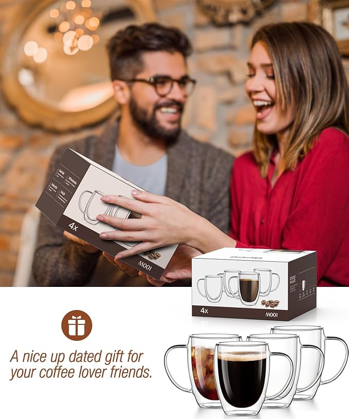 OJA Double Wall Glass Coffee Mugs Set of 4, Hand Blown 12.5OZ Clear Glass Coffee Cups, Insulated Tea Mug, Perfect for Espresso, Cappuccino, Latte, American,Tea Bag, Beverage