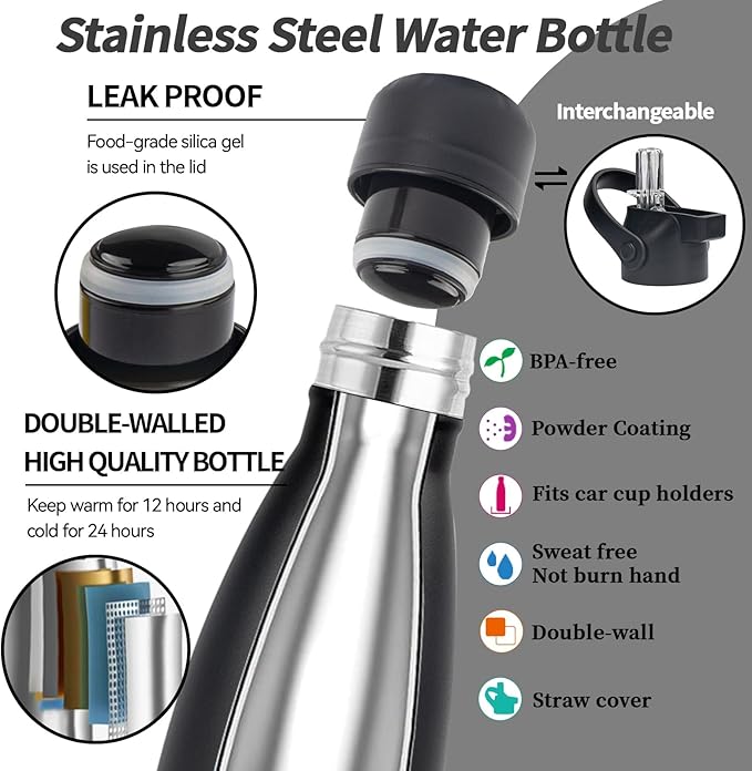 Insulated Water Bottle,2 Pack-9oz Stainless Steel Water Bottles with straw lid,Metal Sports Thermos Water Bottles for Boys,Girls,Double Wall Vacuum BPA-Free Flask for School, Sports & Travel-Black