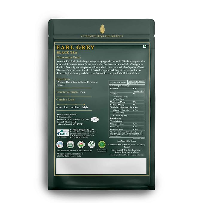 Luxmi Estates Garo Hills Organic Earl Grey Black Tea 50 Tea Bags (100gm) Pack | USDA Organic - Earl Grey Tea Bags | 100% Natural Bergamot Extracts | 50 Cups |Assam Black Tea