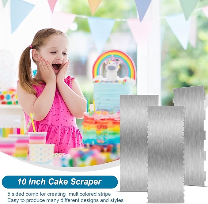 3 Pieces Stainless Steel Cake Scraper 10 Inch and 9 Inch Large Double Sided Patterned Edge Stripe Edge Smoother Scraper Cake Decorating Comb Pastry Cutter for Butter Mousse Cream Decoration
