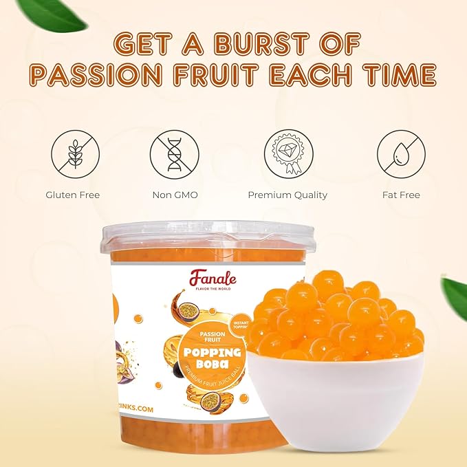 Fanale Popping Boba Pearls for Bubble Tea - 7 pound (Pack of 4) | Passion Fruit | Bursting Boba Pearls Bubble | Fruit Juice Flavor for Shakes, Dessert, Smoothie | FPB005-CS