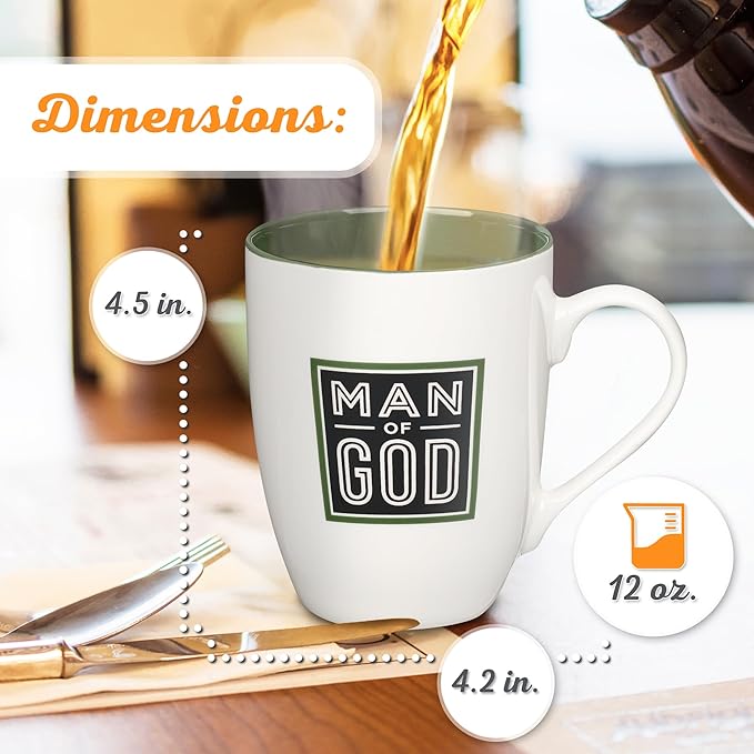 Christian Art Gifts Inspirational Ceramic Coffee & Tea Scripture Mug for Men: Man of God Encouraging Bible Verse, Durable Microwave & Dishwasher Safe Novelty Drinkware, White & Forest Green, 12 oz.