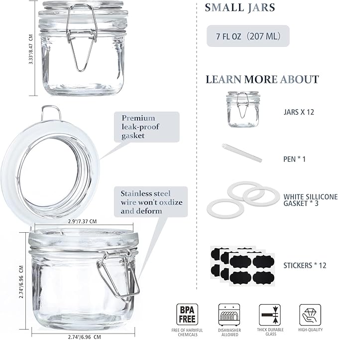 Folinstall 7 oz Glass Jars with Airtight Lids 12 Pcs, Small Mason Jars with Hinged Lids for Kitchen Storage, Canning and Pantry, Includes 3 Replacement Silicone Gaskets and Chalkboard Labels
