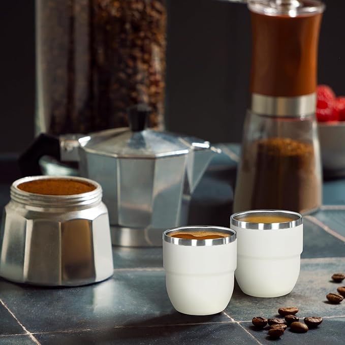 4oz Stackable Cup, Vacuum Insulated Espresso Cup Set of 6, Espresso Shot Glass for Coffee, Double Wall Stainless Steel Mini Tumbler Shot Glasses with Straw and Lid (A-white6P, 4oz)