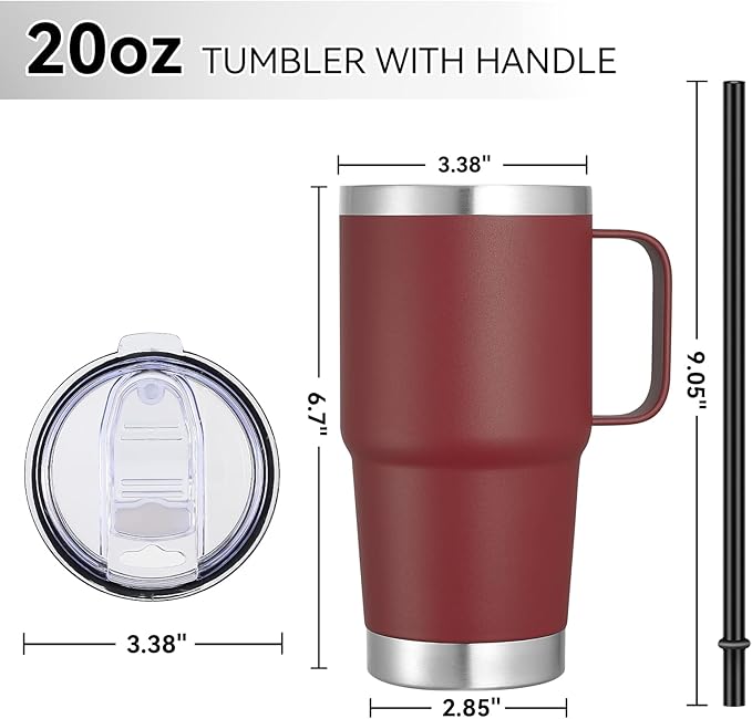 VEGOND 20 oz Tumbler Bulk with Handle Lid and Straw, Stainless Steel Insulated Travel Coffee Mug Set, Spill Proof Double Wall Metal Tumblers Cups, Wine Red 6 Pack