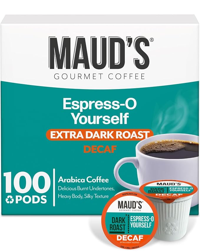 Maud's Decaf Espresso Roast Coffee Pods, 100 ct, Decaffeinated Dark Roast Coffee in Recyclable Single Serve Pods – 100% Arabica Coffee, Compatible with Keurig K Cups Maker