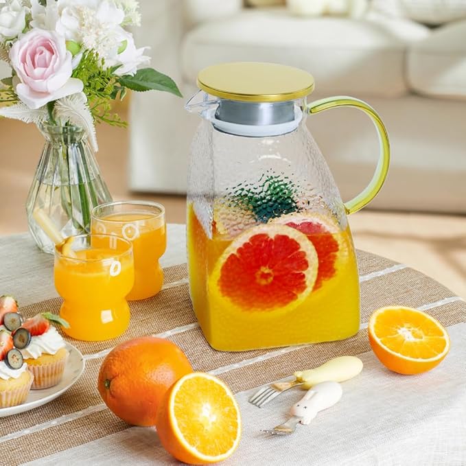 2PCS Glass Pitcher for Fridge, Goteble 1800ML / 60Oz Water Pitcher with Lid, Cold Beverage Jug Suit for Fridge Side Door