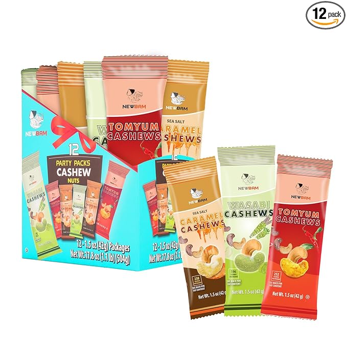 NEWBAM Mix Cashews Variety Packs (Wasabi, Tom Yum, Sea Salt Caramel) - 12 Cashew Snack Packs Roasted Nuts (1.5oz Each) – Keto, Vegan, Gluten-Free - Healthy Snacks for Trail Mix, Office, or Party