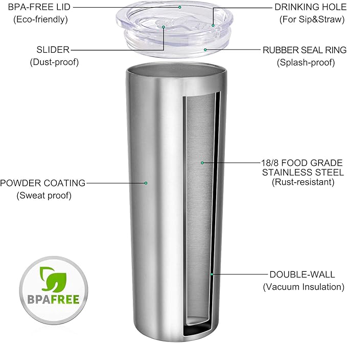 VEGOND Stainless Steel Tumblers Bulk 12 Pack, 20 oz Vacuum Insulated Skinny Tumblers with Lids and Straws, Double Wall Slim Tumbler, Travel Water Cup
