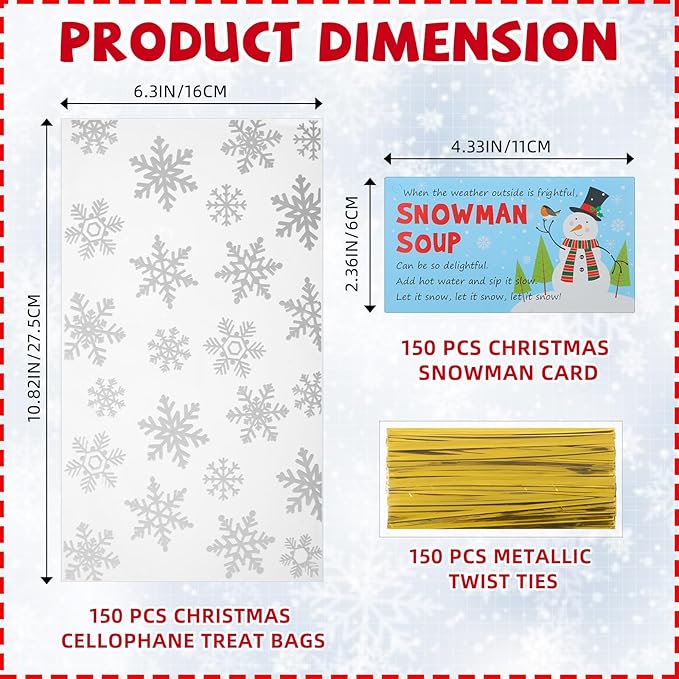 150 Sets Christmas Snowman Soup Kits for Classroom Coworker Gift 12 Oz Winter Snowman Paper Cups for Hot Cocoa Chocolate Marshmallow Soup Tags Clear Xmas Bags (Classic)