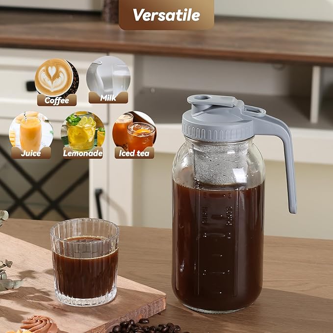 Cold Brew Coffee Maker Pitcher 64-ounce Glass Wide Mouth Mason Jar with Stainless Steel Filter and Pour Spout Handle Lid (Grey, 64Ounce)