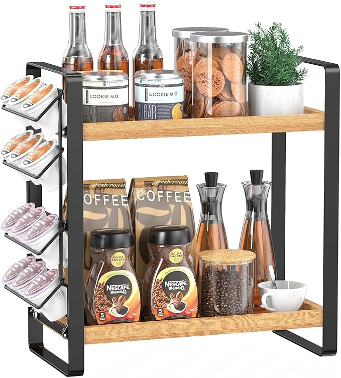 LEMIKKLE Coffee Station Organizer for Counter,Condiment Storage Caddy for Kitchen,2 Tier Wooden Shelf for Coffee Bar Accessories,Coffee Bar Organizer for Kitchen, Home, Office-Brown
