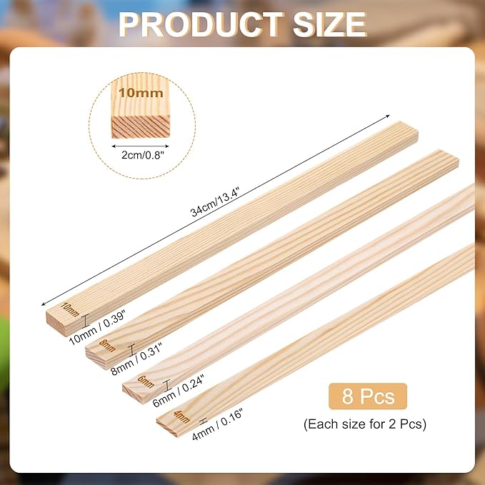 MECCANIXITY 8Pcs Pottery Teaching Rolling Mud Stick Guides, 13" x 0.8" Wood Clay Roller 4 6 8 10mm Thick Ceramic Tools Strips Rolling Guides for Clay Thickness DIY Craft