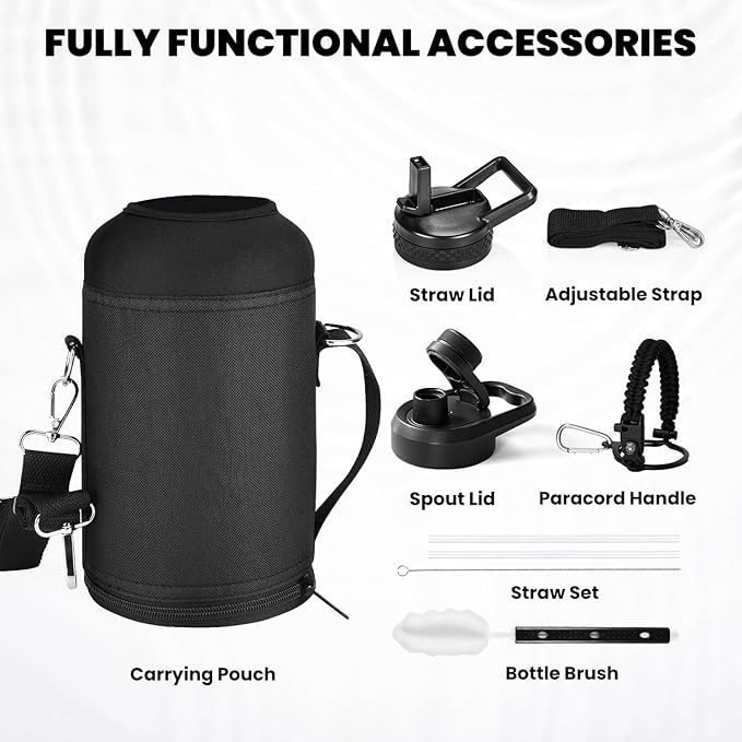 Insulated Water Bottle 64 oz, Triple Wall Vacuum Stainless Steel (Cold for 48 Hrs), Leak Proof & Non-BPA, Half Gallon Water Flask Jug with Paracord Handle & Straw Spout Lids, Magic Black
