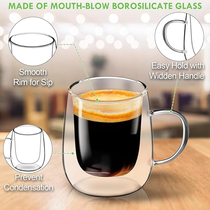 Glass Coffee Cups Set of 4, 13oz Double Walled Glass Mugs with Handles, Clear Insulated Coffee Mug Espresso Cups, Cappuccino Latte Tea Cups Set, Heat Resistant Borosilicate Clear Glasses