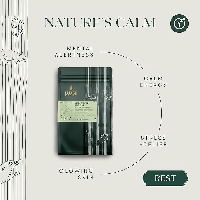 Luxmi Estates Midnight Bloom Organic Jasmine Tea (50 Tea Bags) Mildly Caffeinated Tea Bags For Relaxing, Calming, and Stress Relief, With Certified Organic Darjeeling Makaibari Green Tea