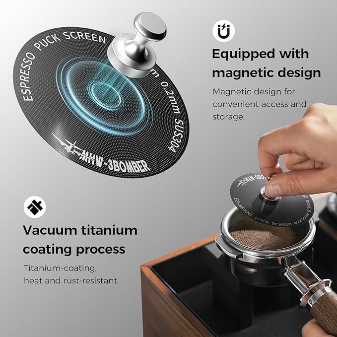 MHW-3BOMBER 54mm Espresso Puck Screen - 0.2mm Ultra Thin Espresso Puck - Metal Reusable Coffee Filter for Portafilter Basket 54mm - Puck Screen with Stand 3 Pack FG7051-OS