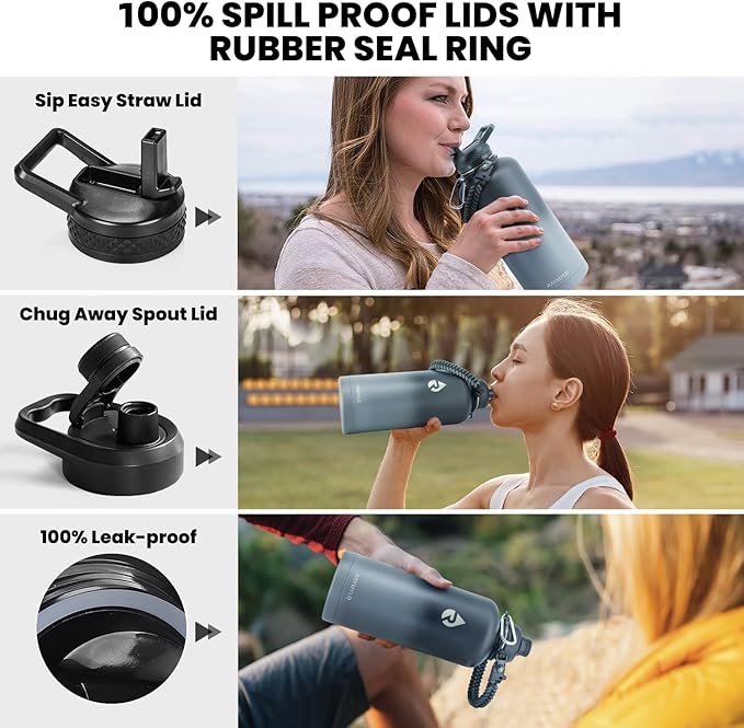 Insulated Water Bottle 87 oz, Triple Wall Vacuum Stainless Steel (Cold for 48 Hrs), Leak Proof & Non-BPA, Modern Water Flask Jug with Paracord Handle & Straw Spout Lids, Dark Grey