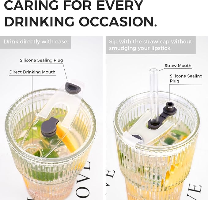 2PCS 20oz Glass Cups with Lids and Straws, Iced Coffee Cups with Lids, Stylish Ribbed Thick Drinking Glasses Tumbler for Juice, Smoothies, Cold Beverages, Cute Cup Gifts with Clean Brush