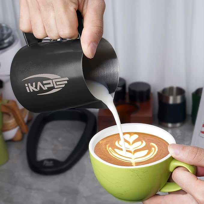 IKAPE Espresso Milk Pitcher, Espresso Steaming Pitcher with Sharp Spout for Espresso Barista Tool, 20.3 oz / 600ml Milk Frothing Jug (Black)