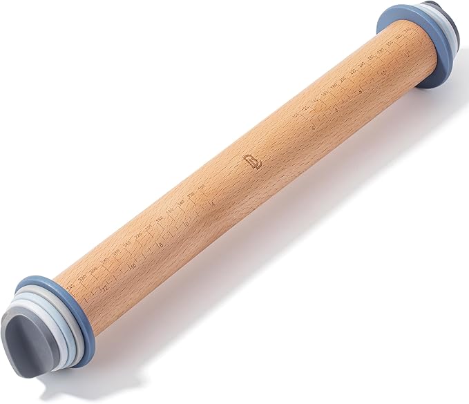 Bamboo Land- Adjustable Rolling Pin with Thickness Rings for Baking, 13.8", 4 Pastel Colored Thickness Rings (2-10 mm or 1/16"-3/8"), Wood Rolling Pins for Baking, Bread, Pizza & Cookie Doughs